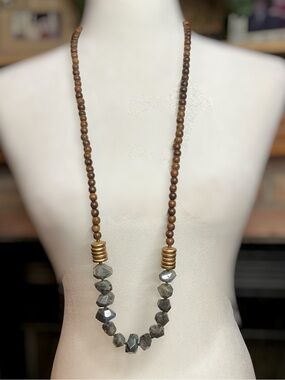 Brown Wood and Gray Stone Bead Necklace